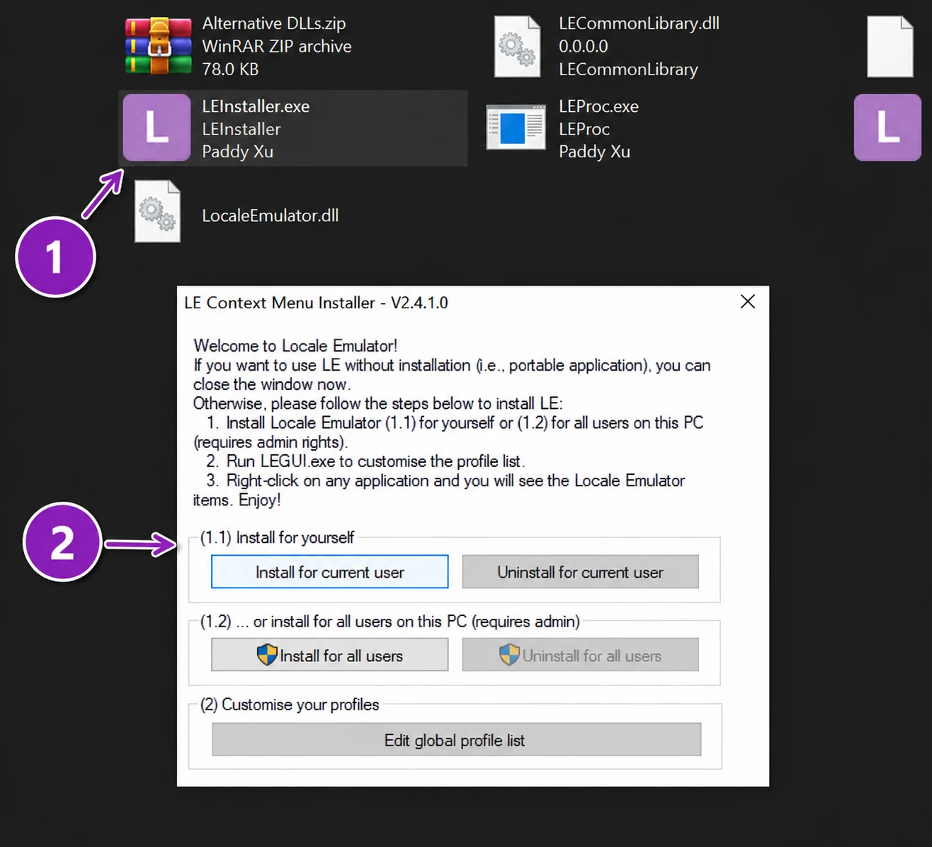 Locale Emulator installer with the install for current user option highlighted