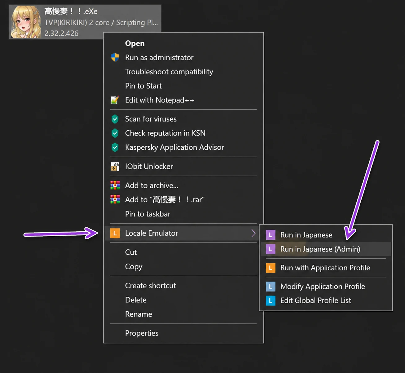Windows context menu showing Locale Emulator Run in Japanese Admin