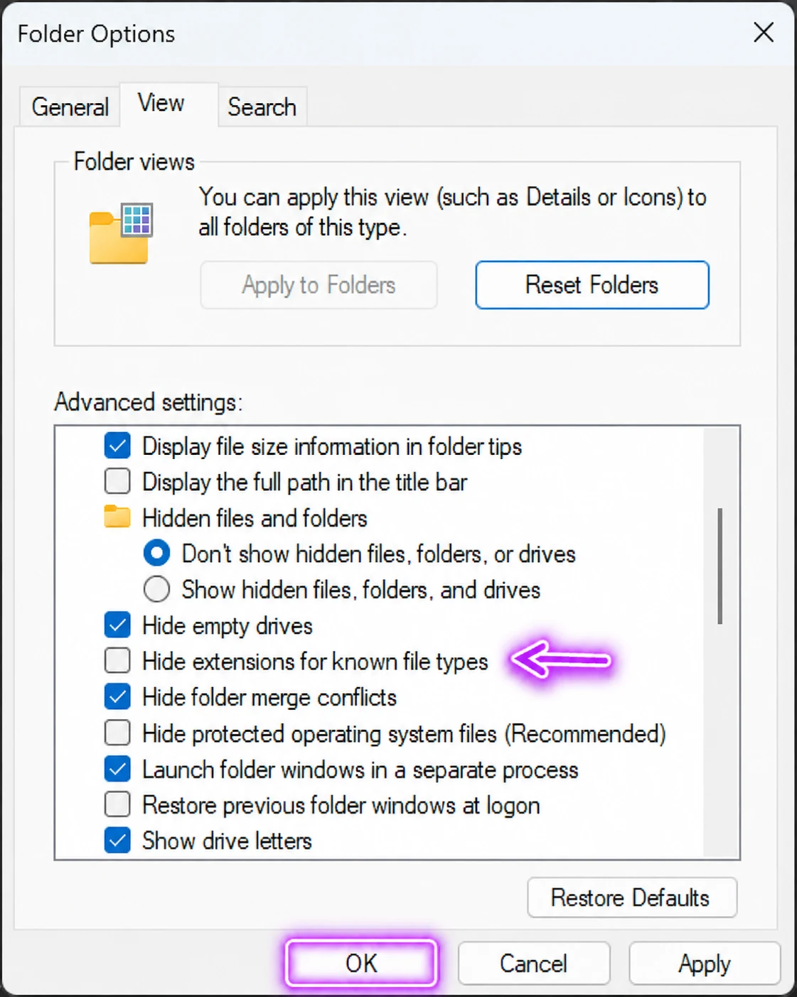 Disable Hide extensions for known file types in Windows Folder Options