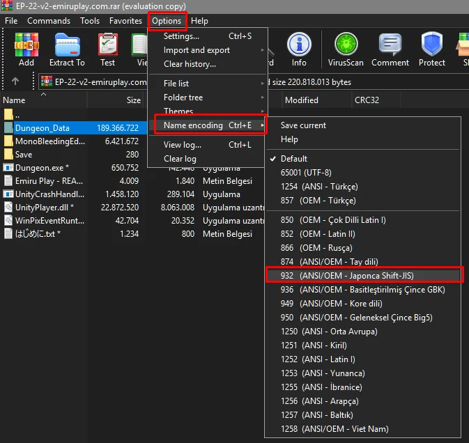 WinRAR Name encoding menu with Japanese Shift-JIS selected